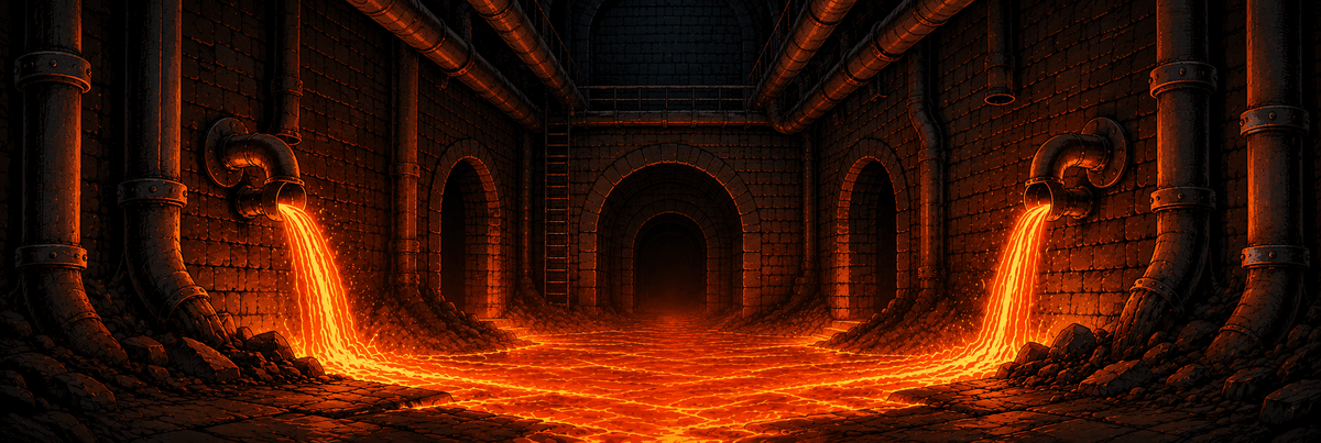 A stone dungeon hallway with molten metal pouring from pipes