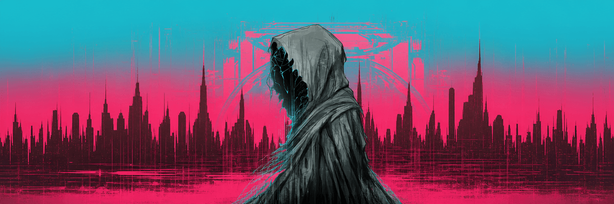 Analog Distortions artwork: a hooded figure against a pink and turquoise city