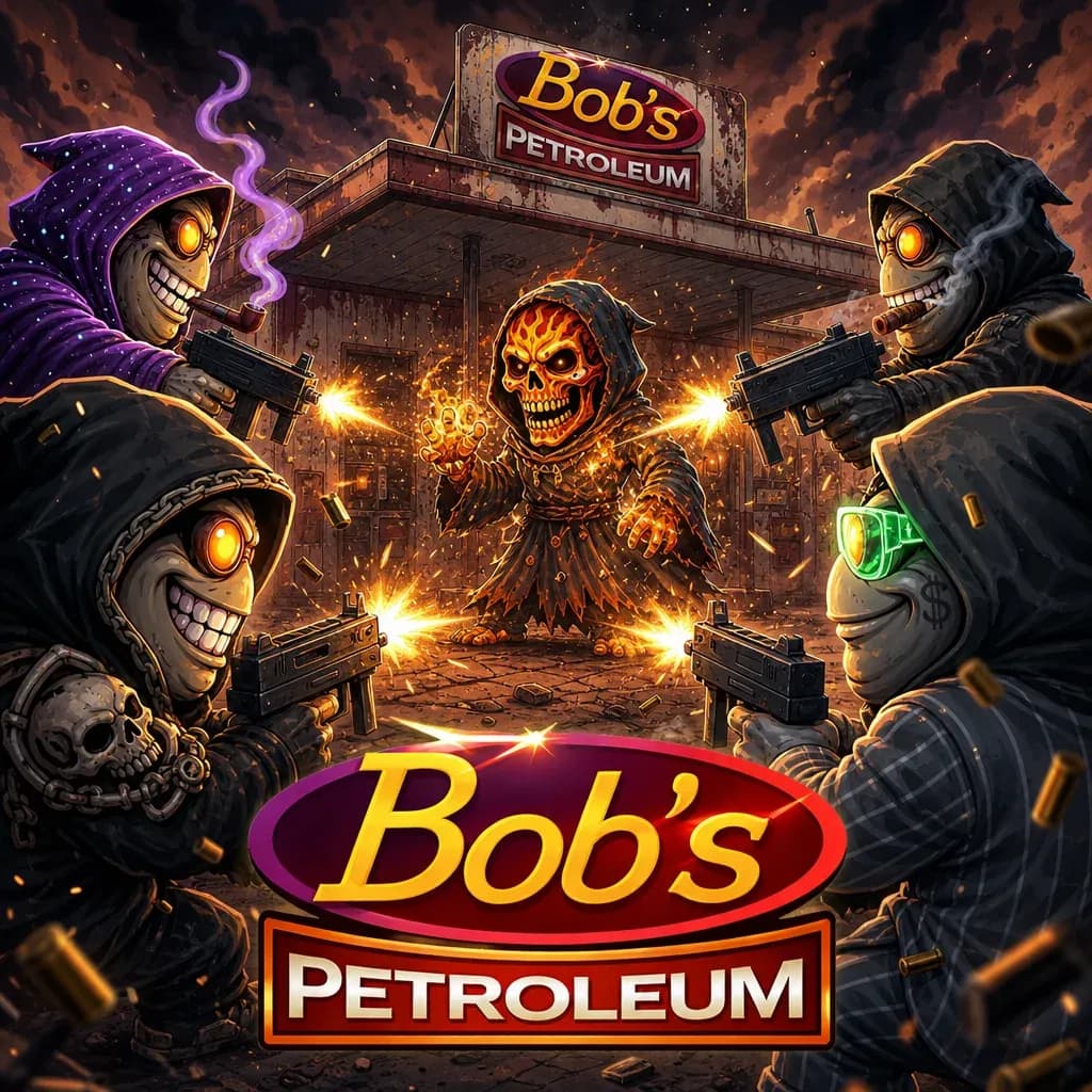 Bob's Petroleum key art: four hooded Bobs with MAC-10s around a flaming reaper at the cursed gas station