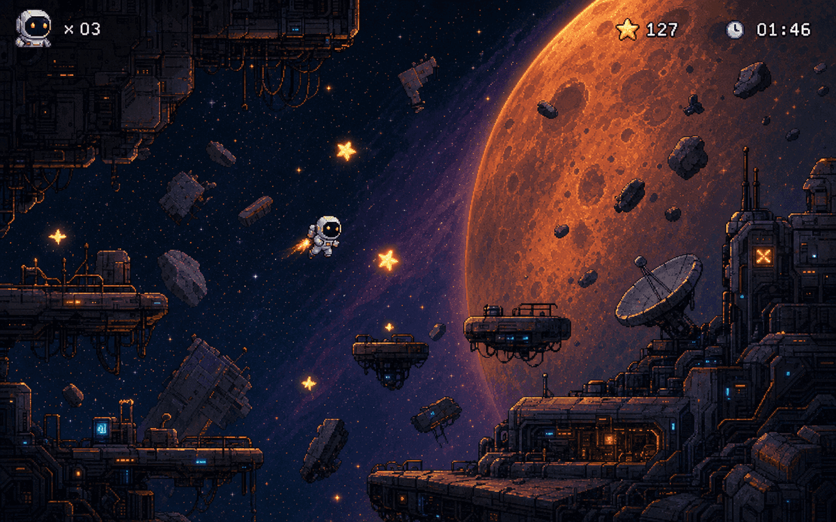Example Studio game preview showing an astronaut exploring a crumbling orbital station