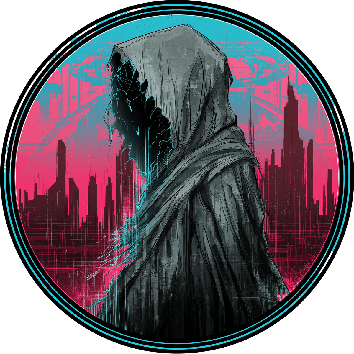 A hooded figure against a pink and cyan skyline, inside a cyan ring