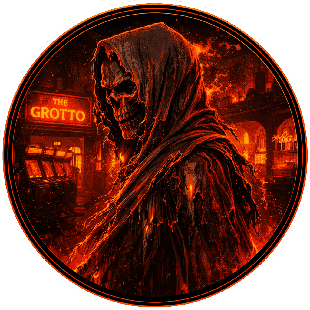 A hooded reaper in flames outside The Grotto, inside a round sticker